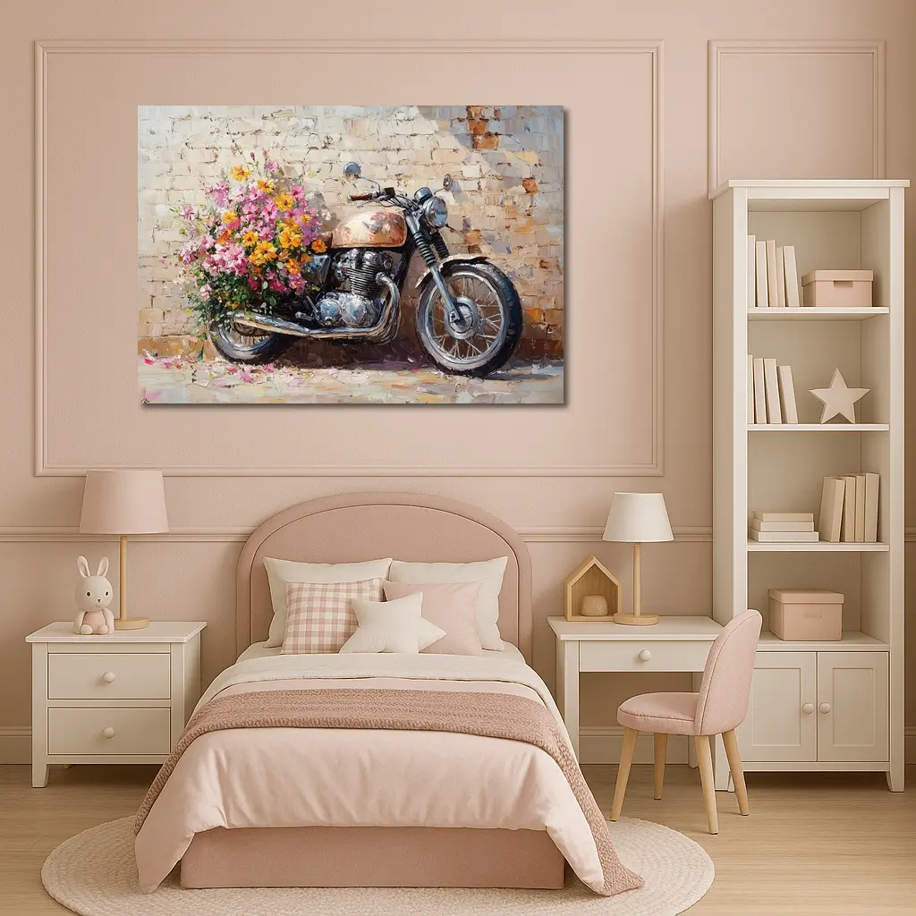 Vintage Cafe Racer Motorcycle Floral Oil Painting – Wall Art