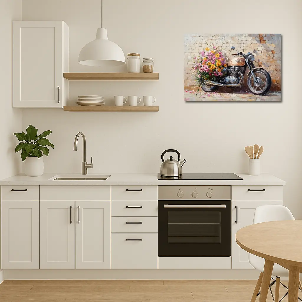 Vintage Cafe Racer Motorcycle Floral Oil Painting – Wall Art
