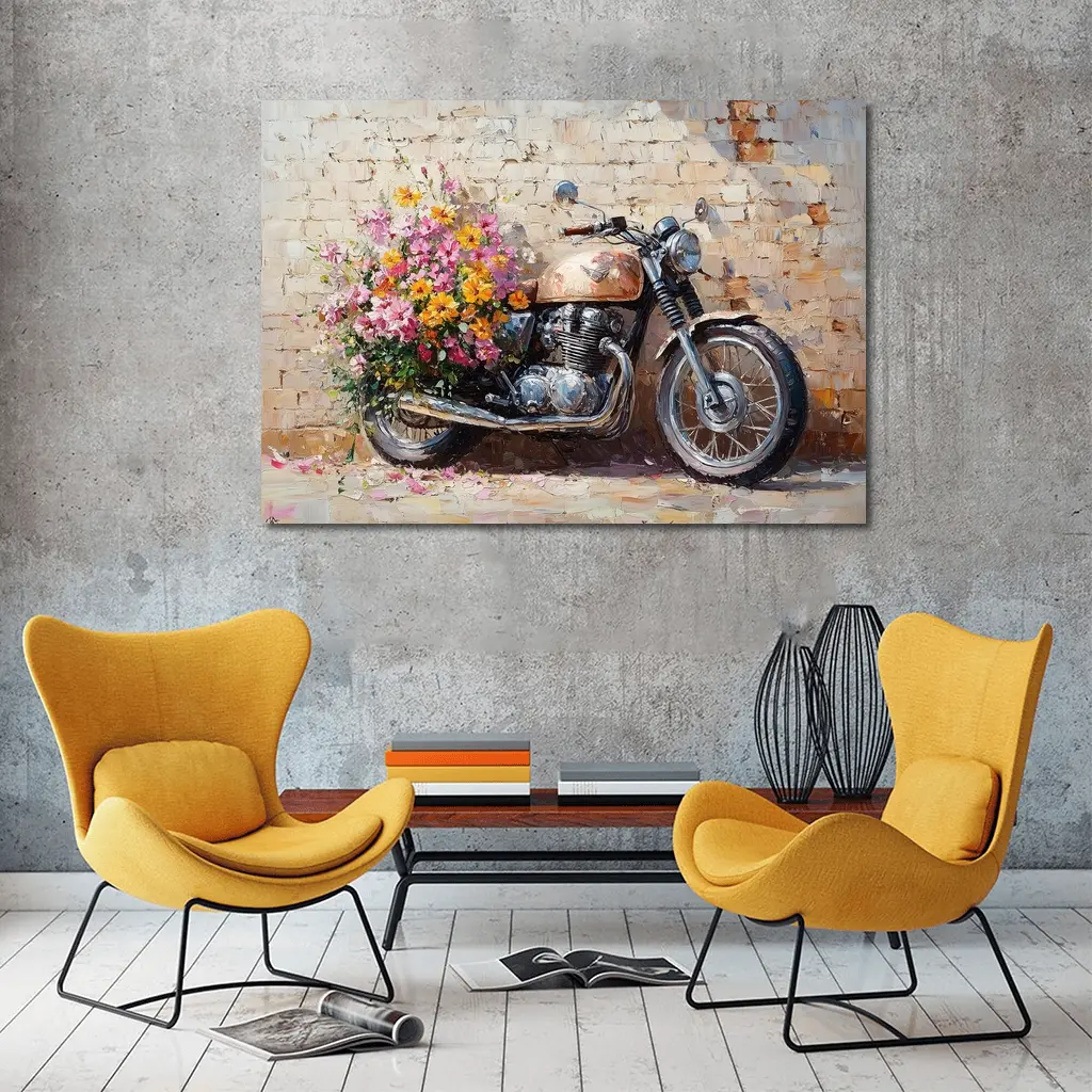 Vintage Cafe Racer Motorcycle Floral Oil Painting – Wall Art