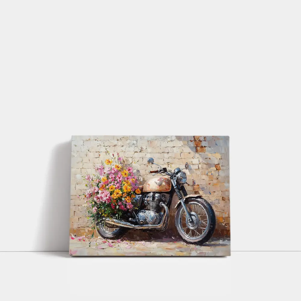 Vintage Cafe Racer Motorcycle Floral Oil Painting – Wall Art