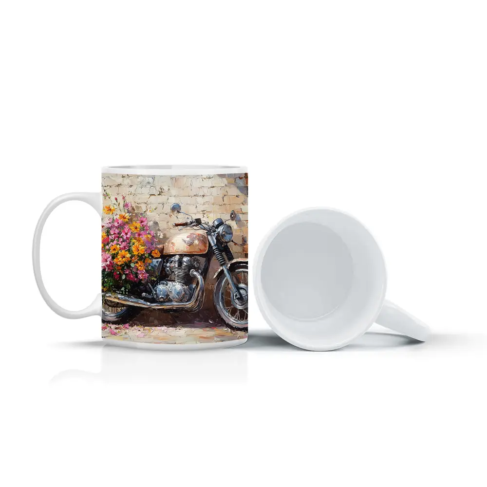 Vintage Cafe Racer Motorcycle Floral Oil Painting – Mugs