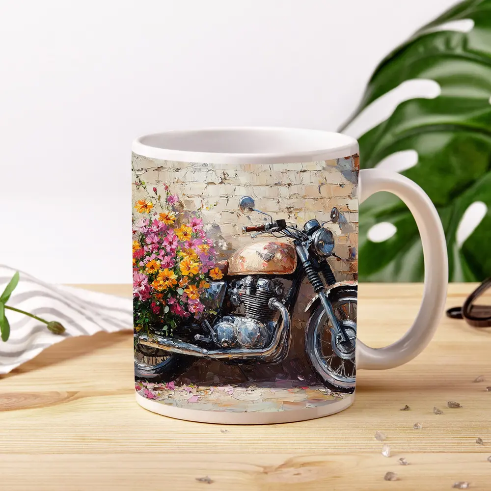 Vintage Cafe Racer Motorcycle Floral Oil Painting – Mugs