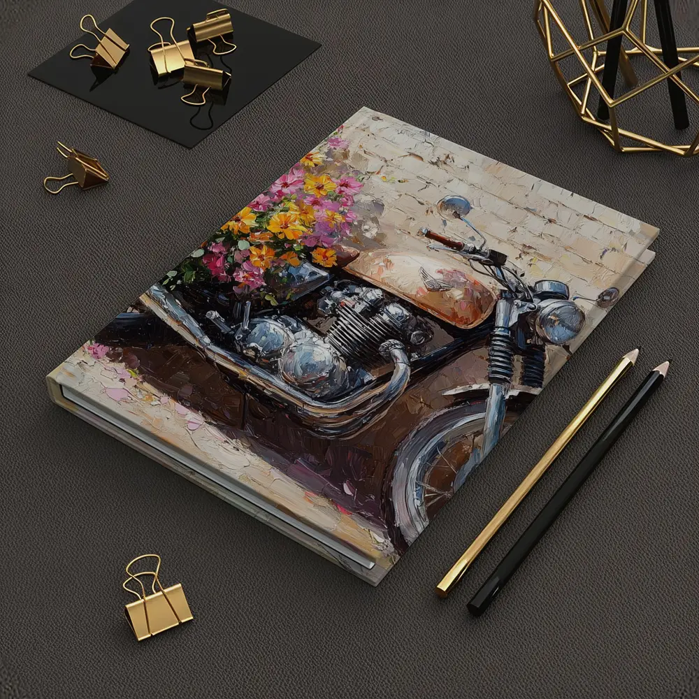 Vintage Cafe Racer Motorcycle Floral Oil Painting – Notebooks