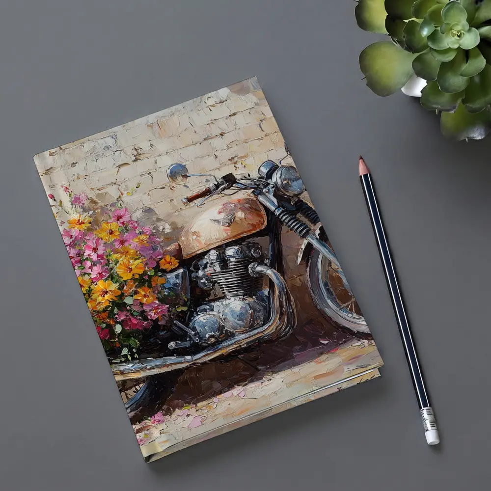 Vintage Cafe Racer Motorcycle Floral Oil Painting – Notebooks
