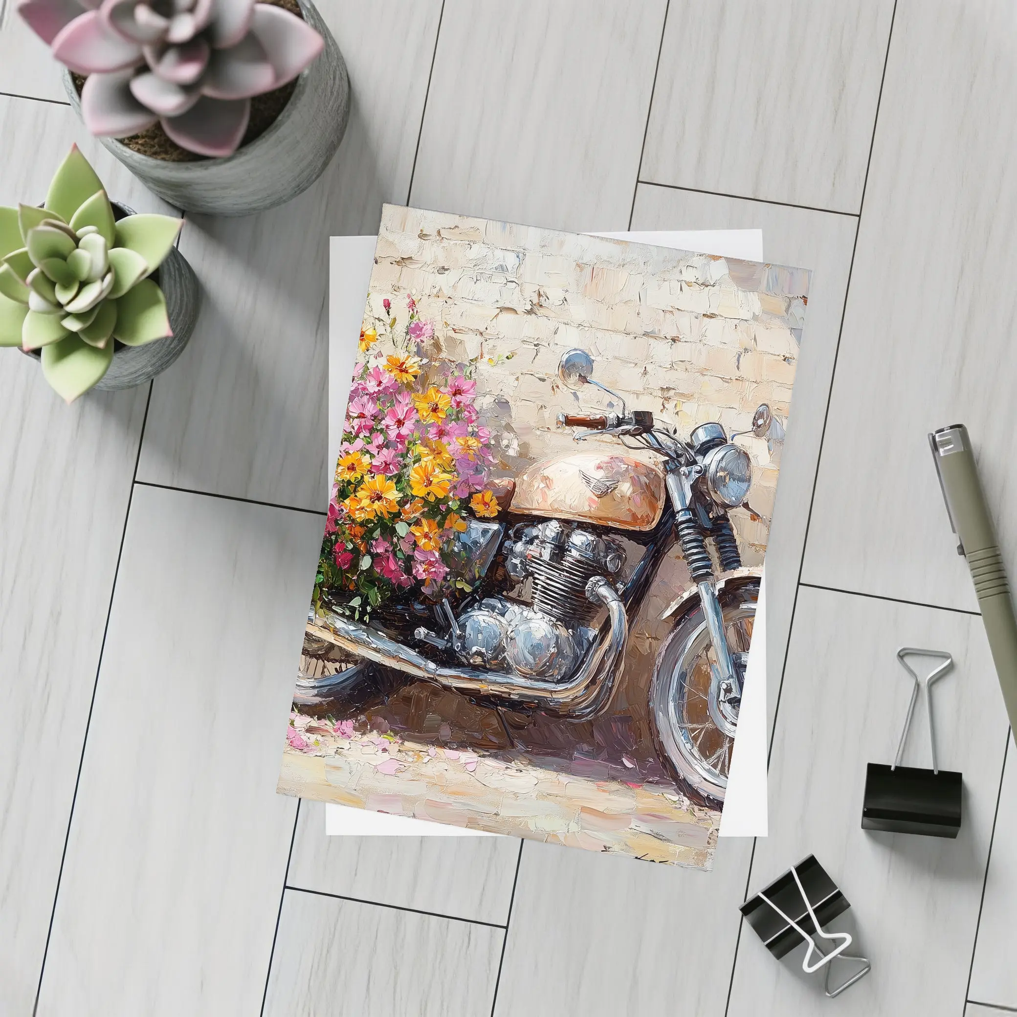 Vintage Cafe Racer Motorcycle Floral Oil Painting – Postcards