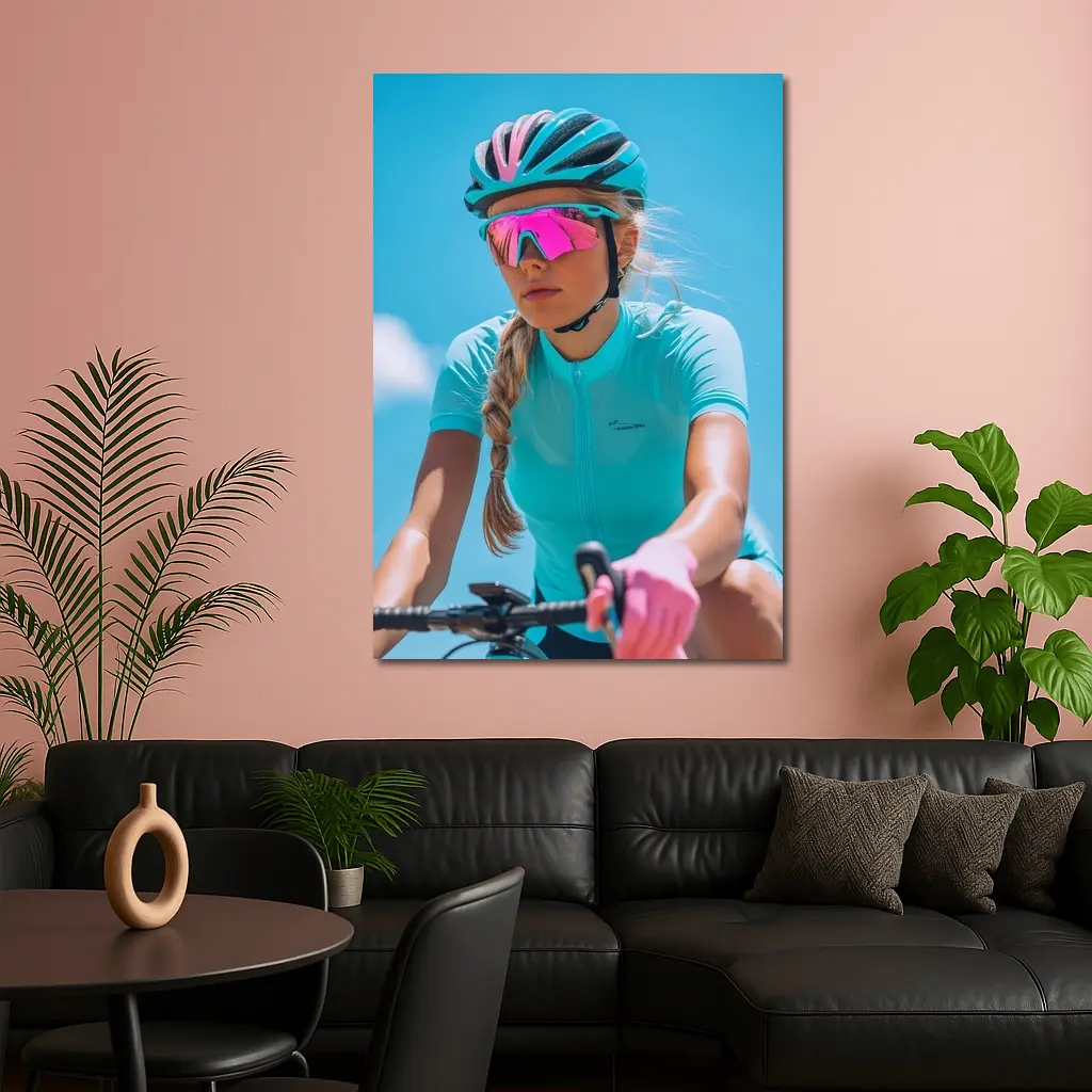 Female Cyclist Racing Gear Blue Sky – Wall Art