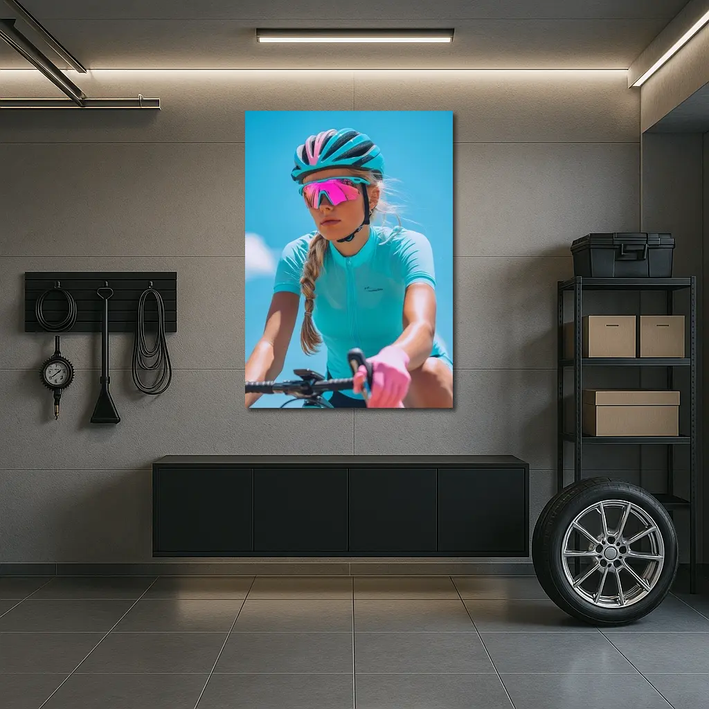Female Cyclist Racing Gear Blue Sky – Wall Art