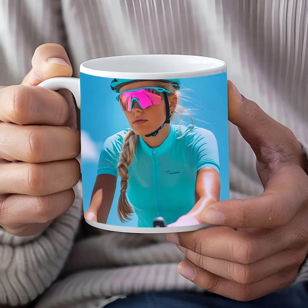 Female Cyclist Racing Gear Blue Sky – Mugs