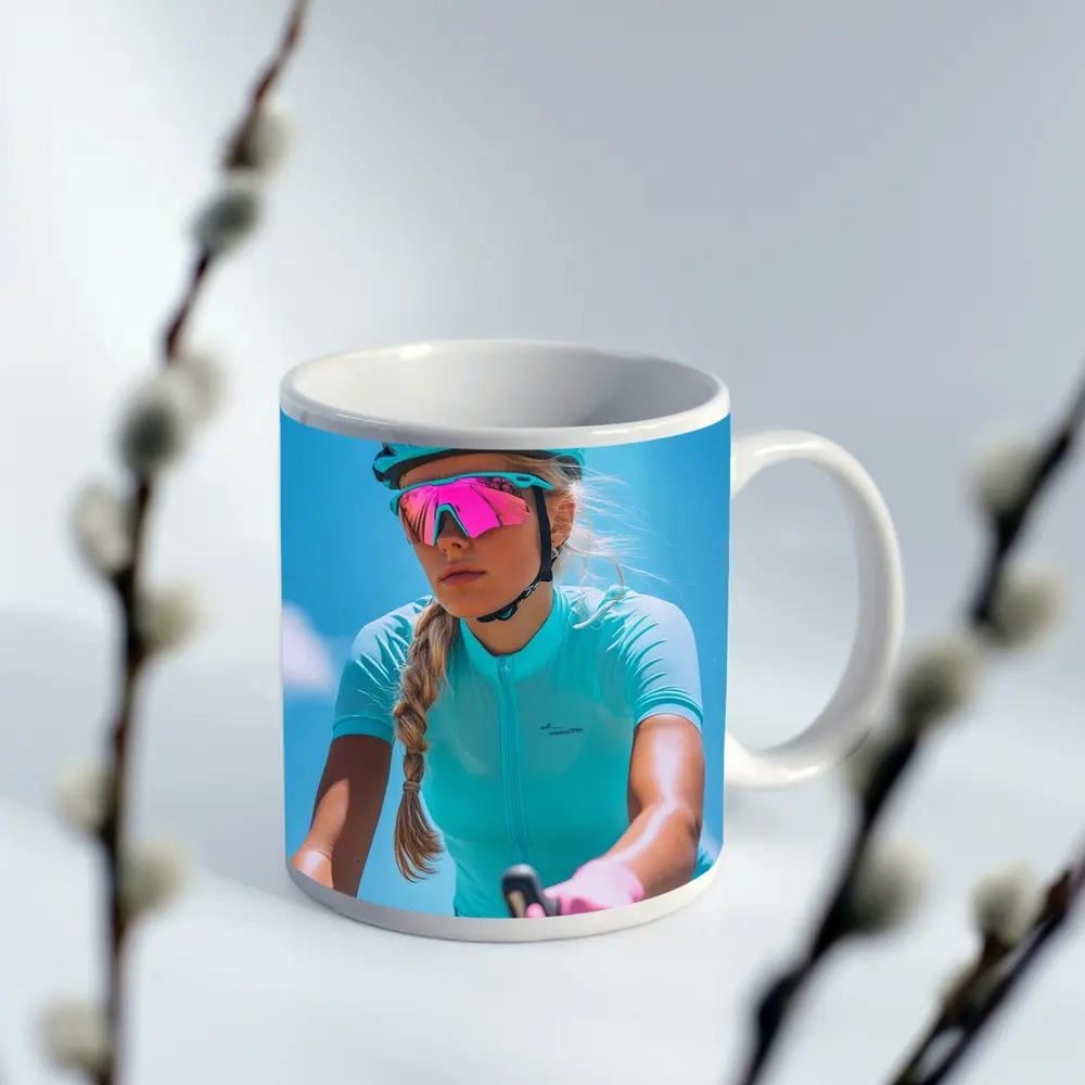 Female Cyclist Racing Gear Blue Sky – Mugs