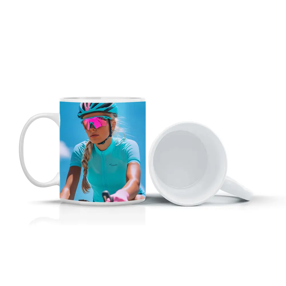 Female Cyclist Racing Gear Blue Sky – Mugs