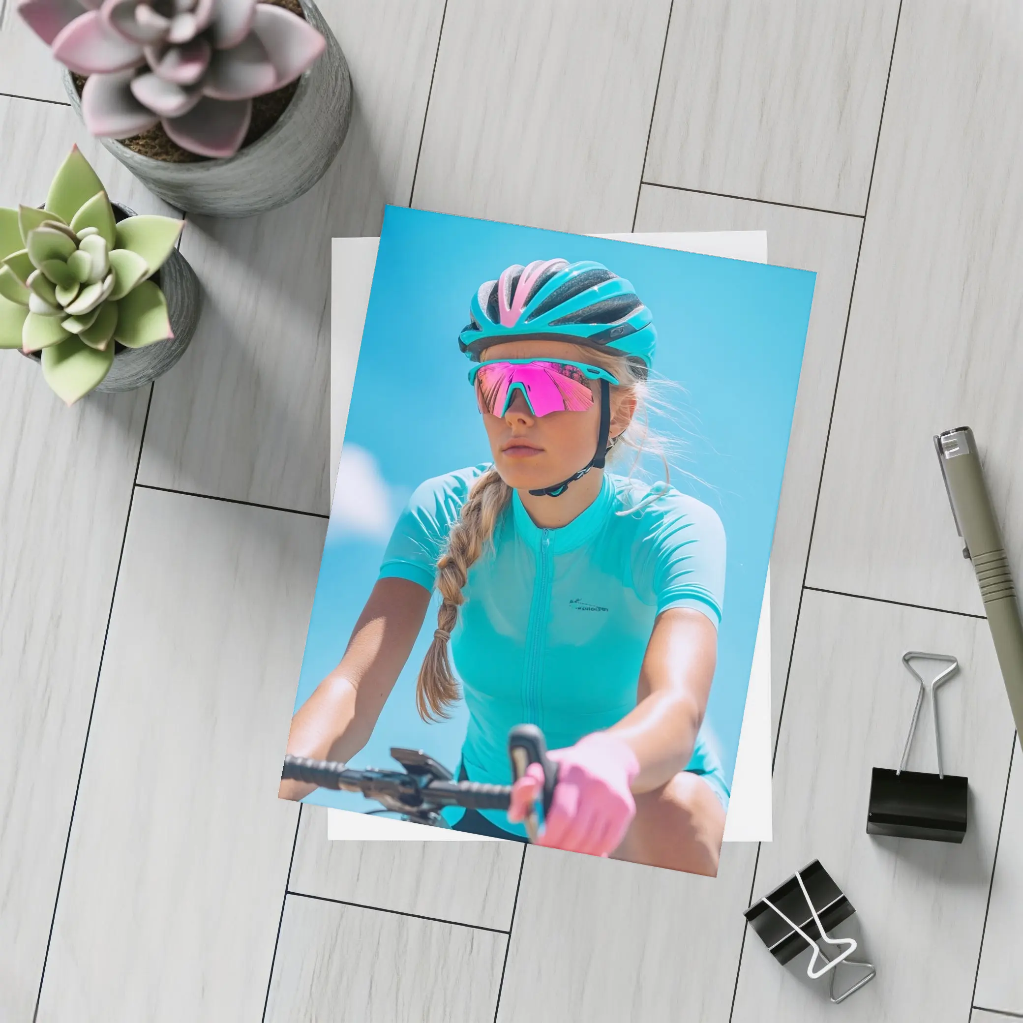 Female Cyclist Racing Gear Blue Sky – Postcards