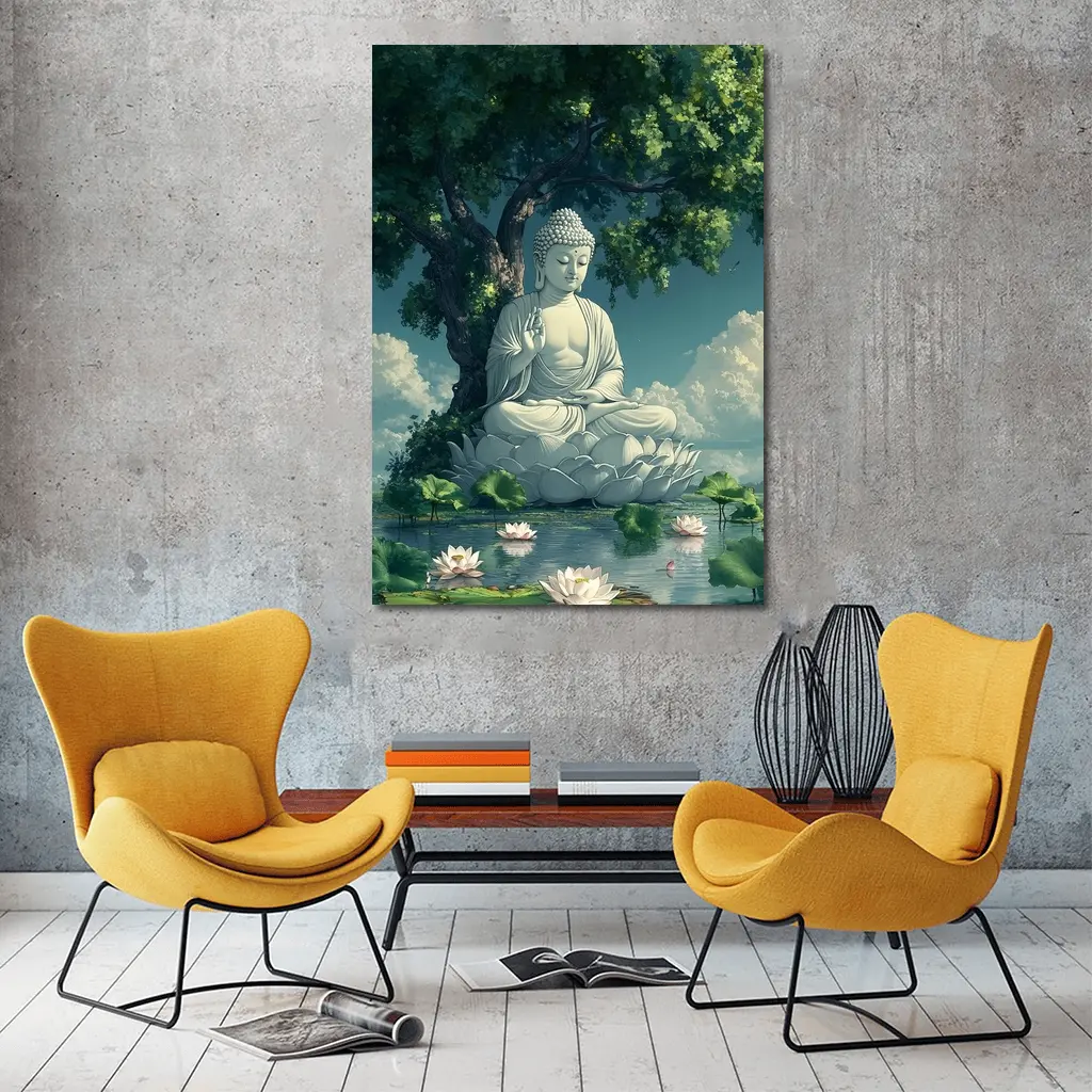 Buddha Statue Lotus Pond Serene Tree – Wall Art