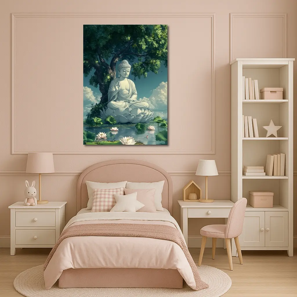 Buddha Statue Lotus Pond Serene Tree – Wall Art