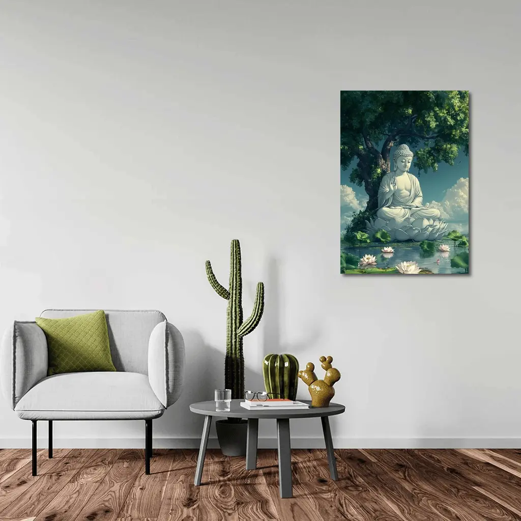 Buddha Statue Lotus Pond Serene Tree – Wall Art