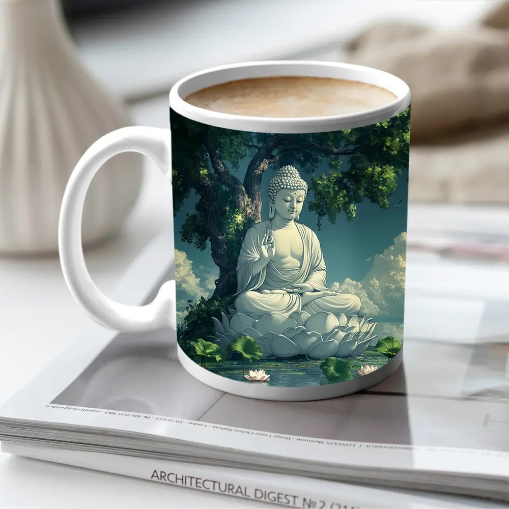 Buddha Statue Lotus Pond Serene Tree – Mugs