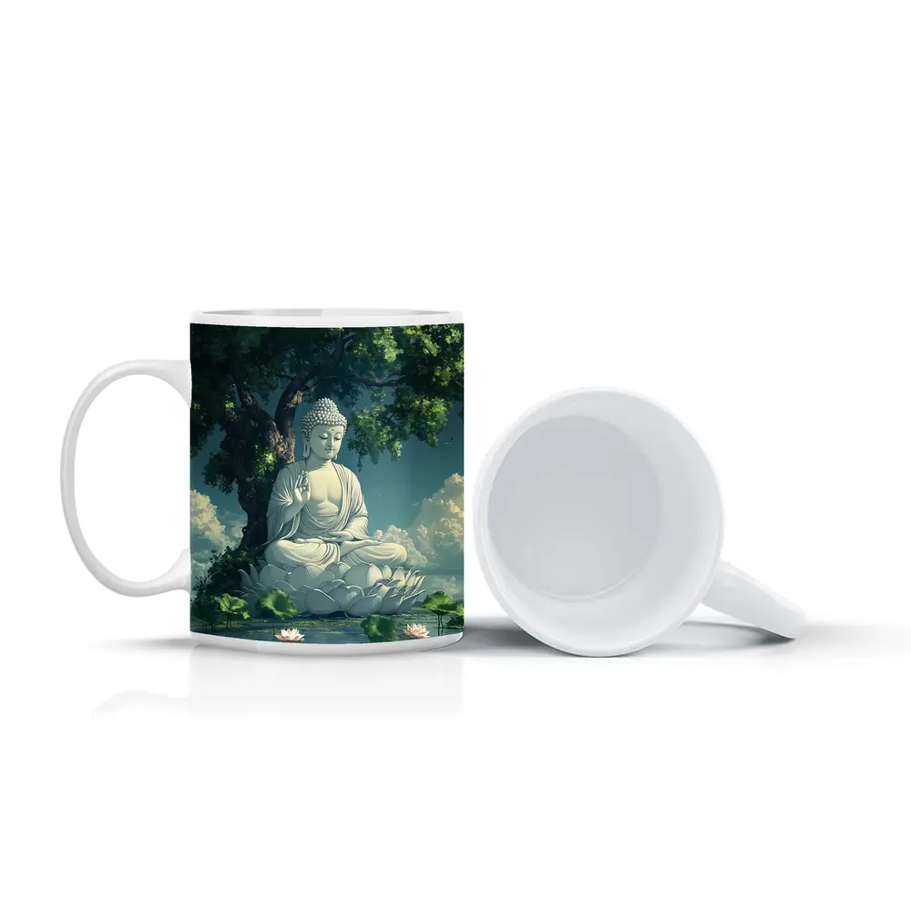 Buddha Statue Lotus Pond Serene Tree – Mugs