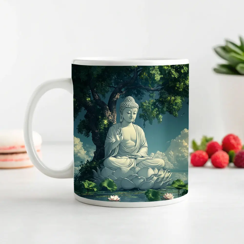 Buddha Statue Lotus Pond Serene Tree – Mugs