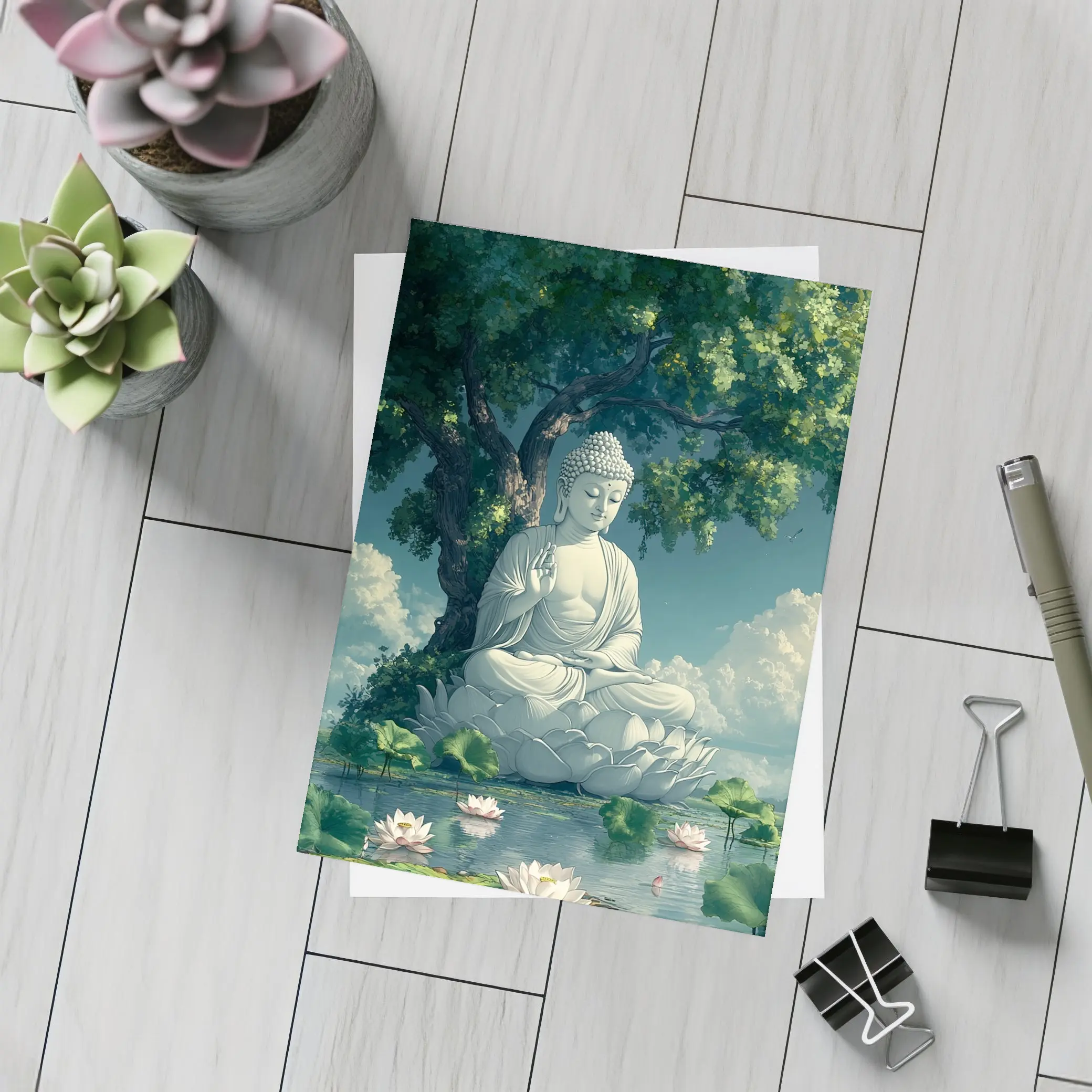Buddha Statue Lotus Pond Serene Tree – Postcards