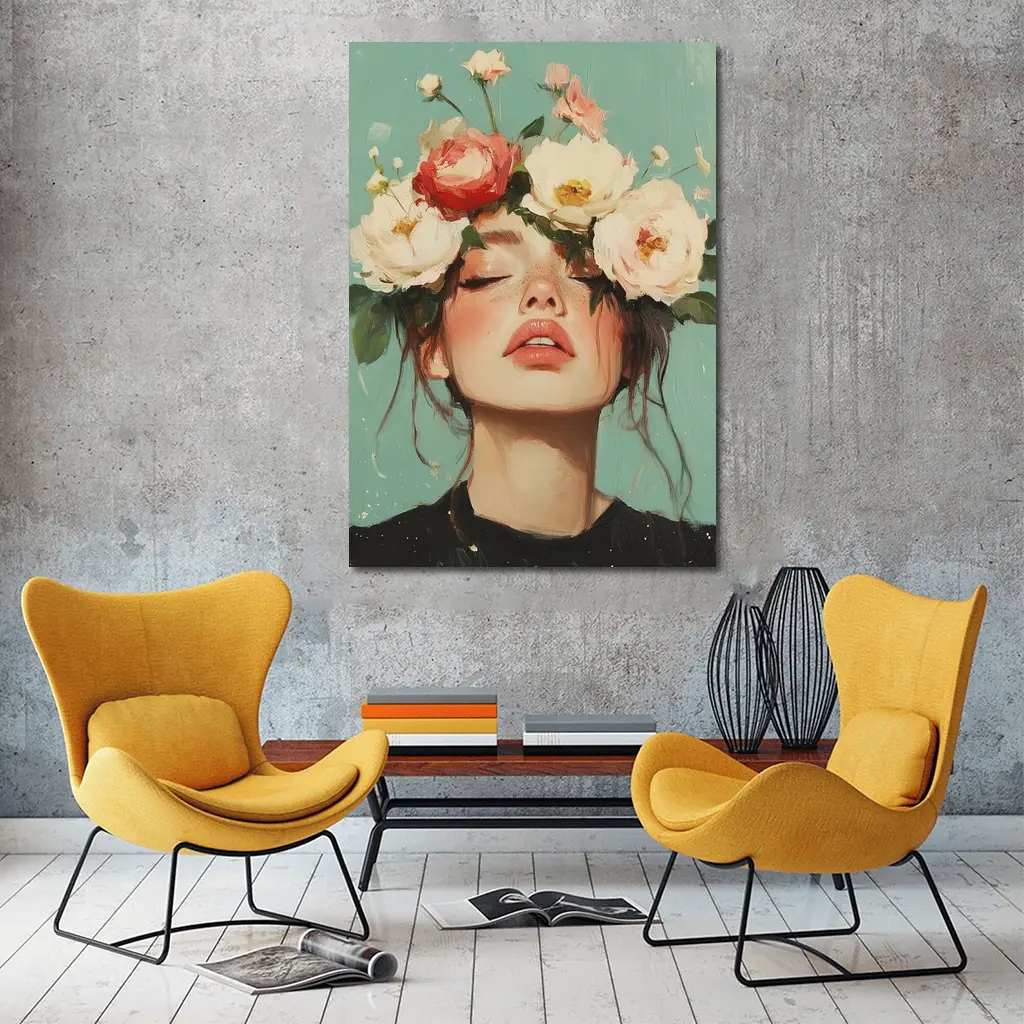 Woman With Peonies Floral Crown Painting – Wall Art