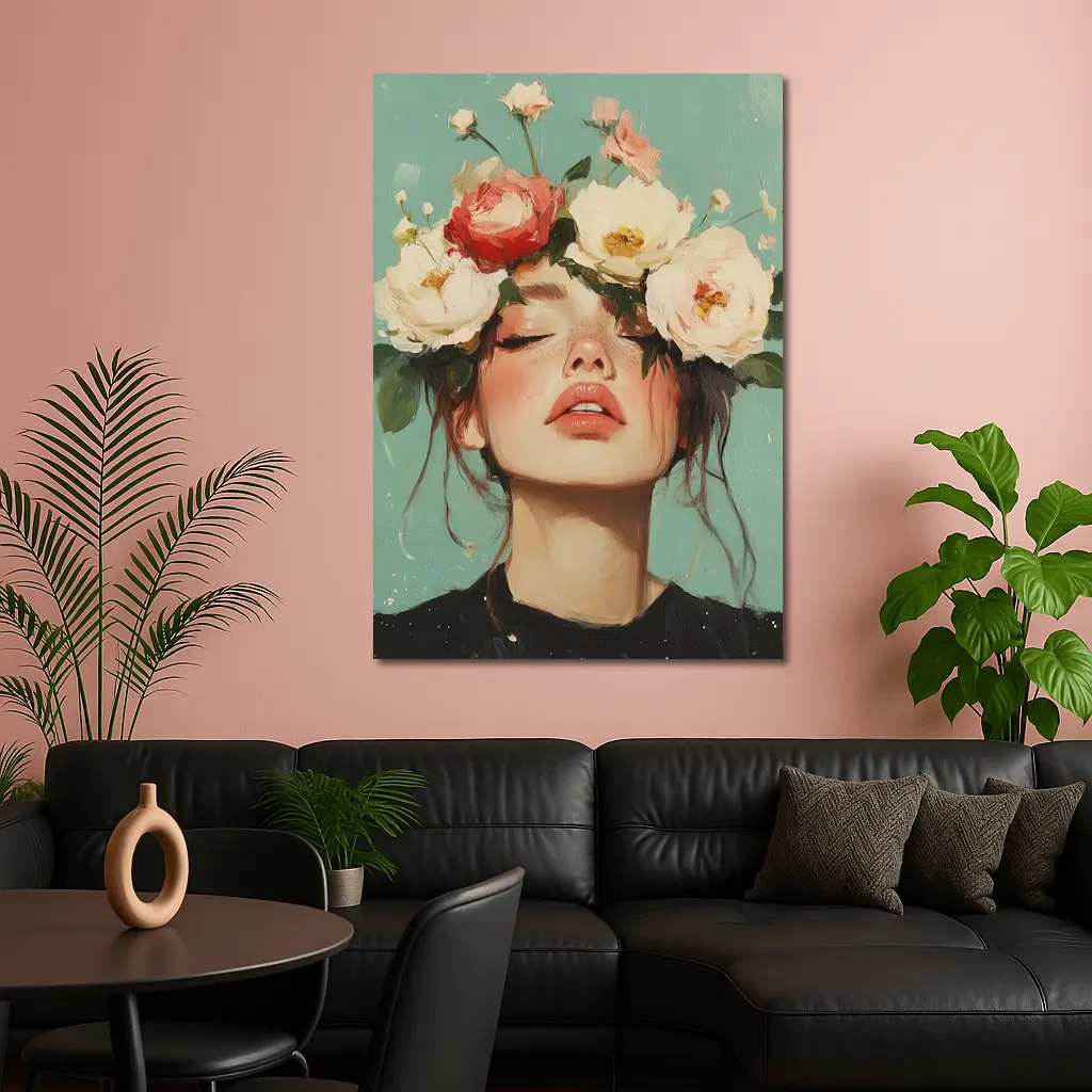 Woman With Peonies Floral Crown Painting – Wall Art