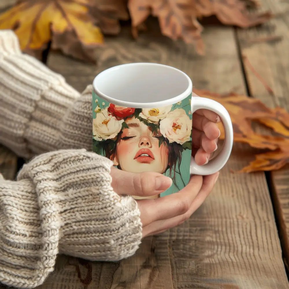 Woman With Peonies Floral Crown Painting – Mugs