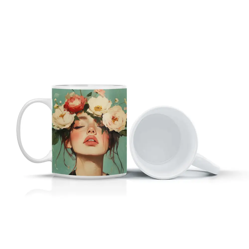 Woman With Peonies Floral Crown Painting – Mugs