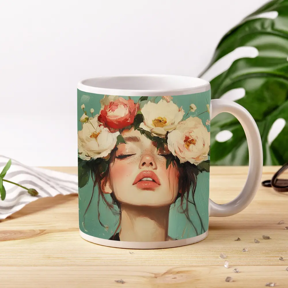 Woman With Peonies Floral Crown Painting – Mugs