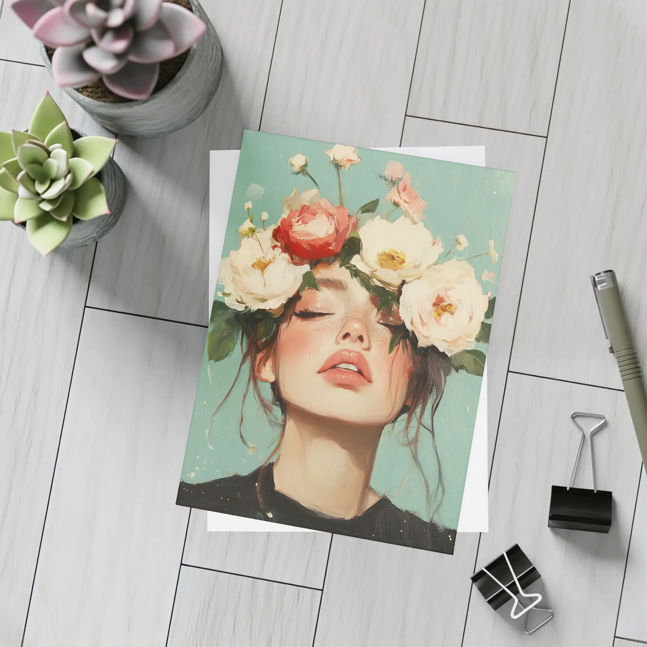 Woman With Peonies Floral Crown Painting – Postcards