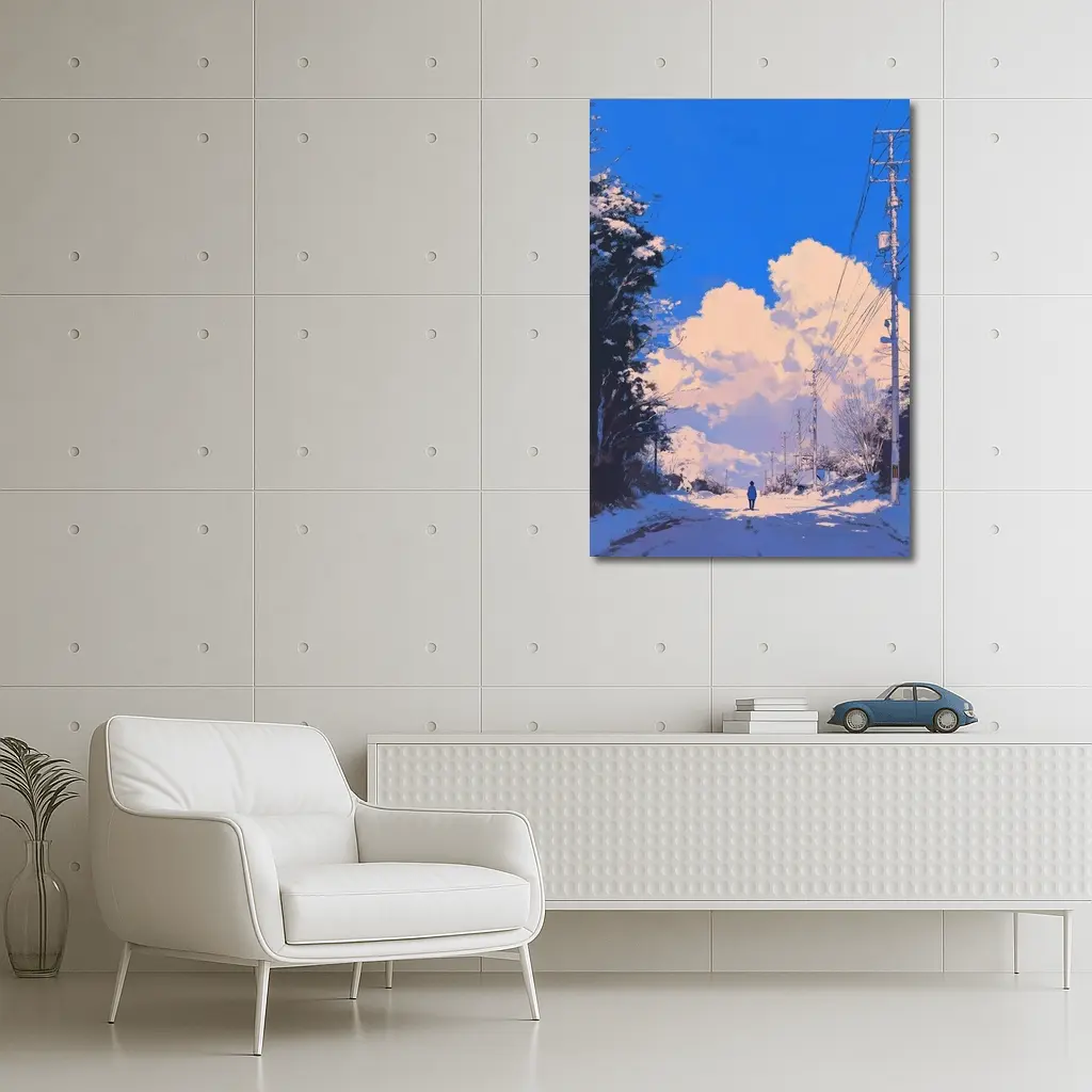 Anime Winter Road Lone Figure Blue Sky – Wall Art