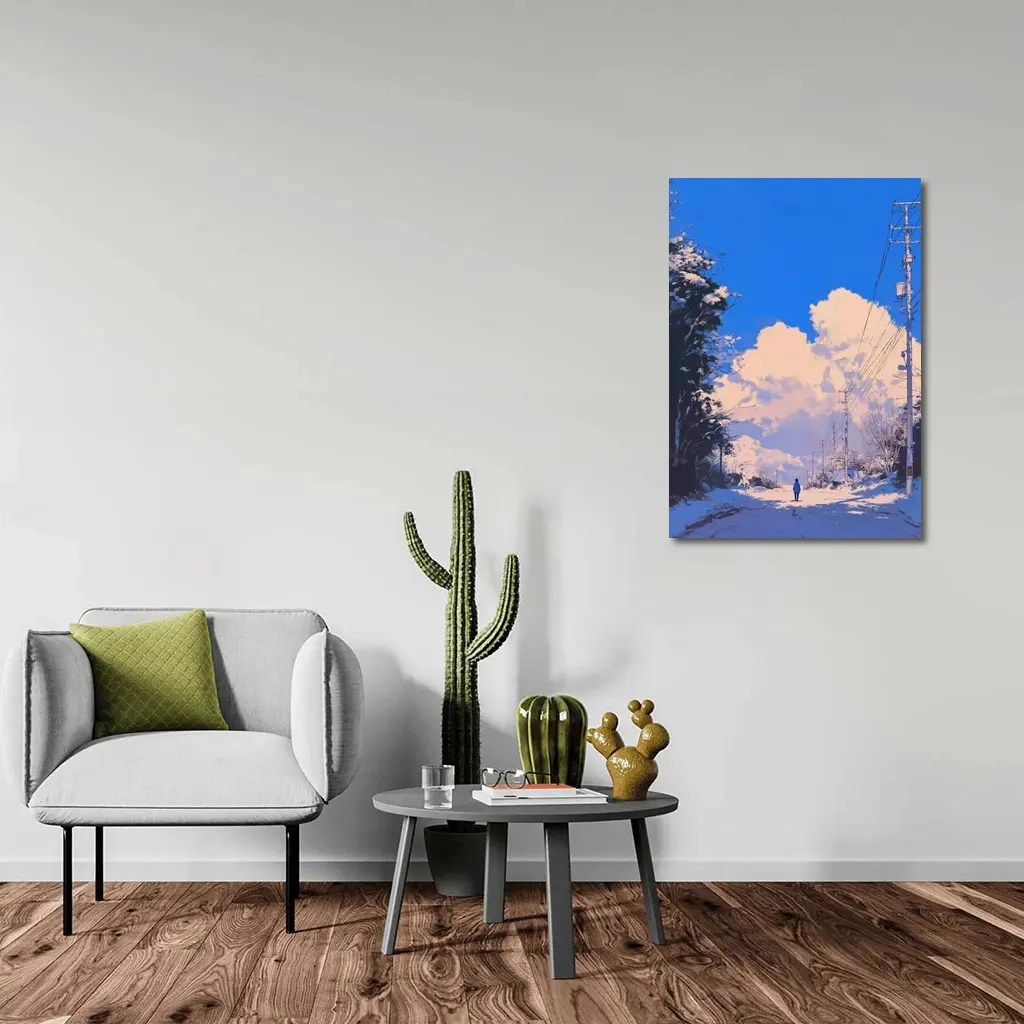 Anime Winter Road Lone Figure Blue Sky – Wall Art