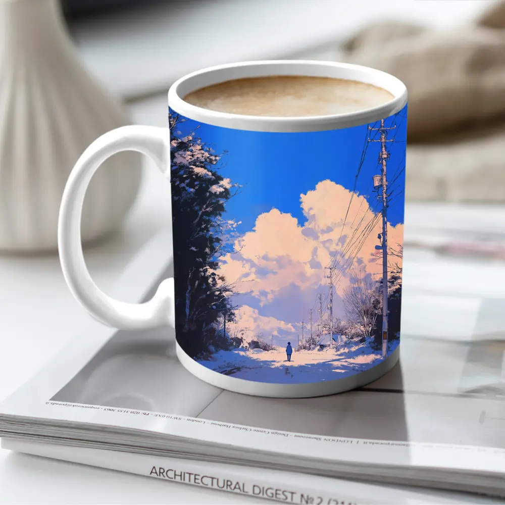 Anime Winter Road Lone Figure Blue Sky – Mugs