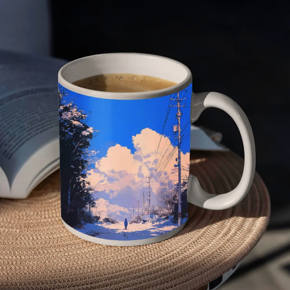 Anime Winter Road Lone Figure Blue Sky – Mugs