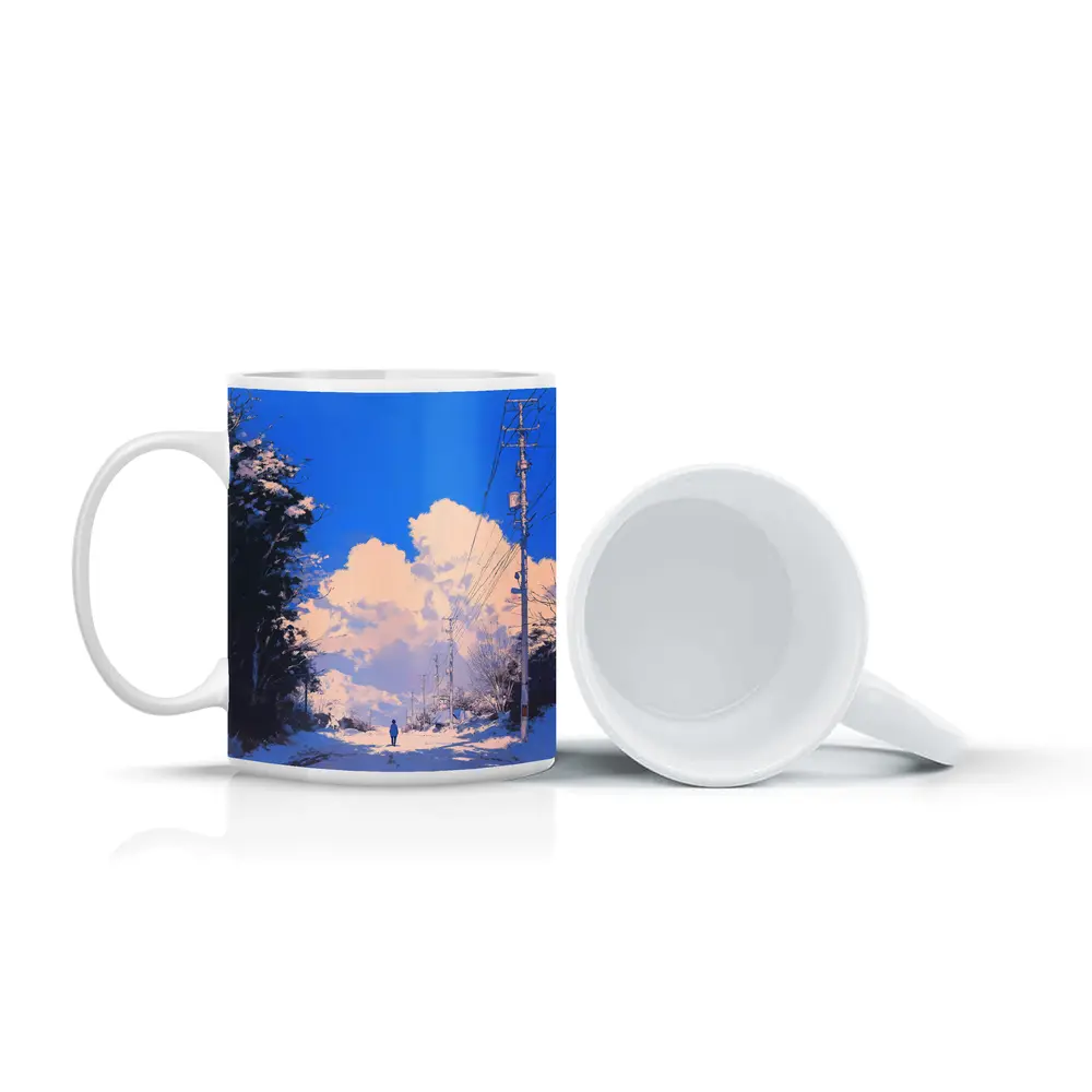 Anime Winter Road Lone Figure Blue Sky – Mugs