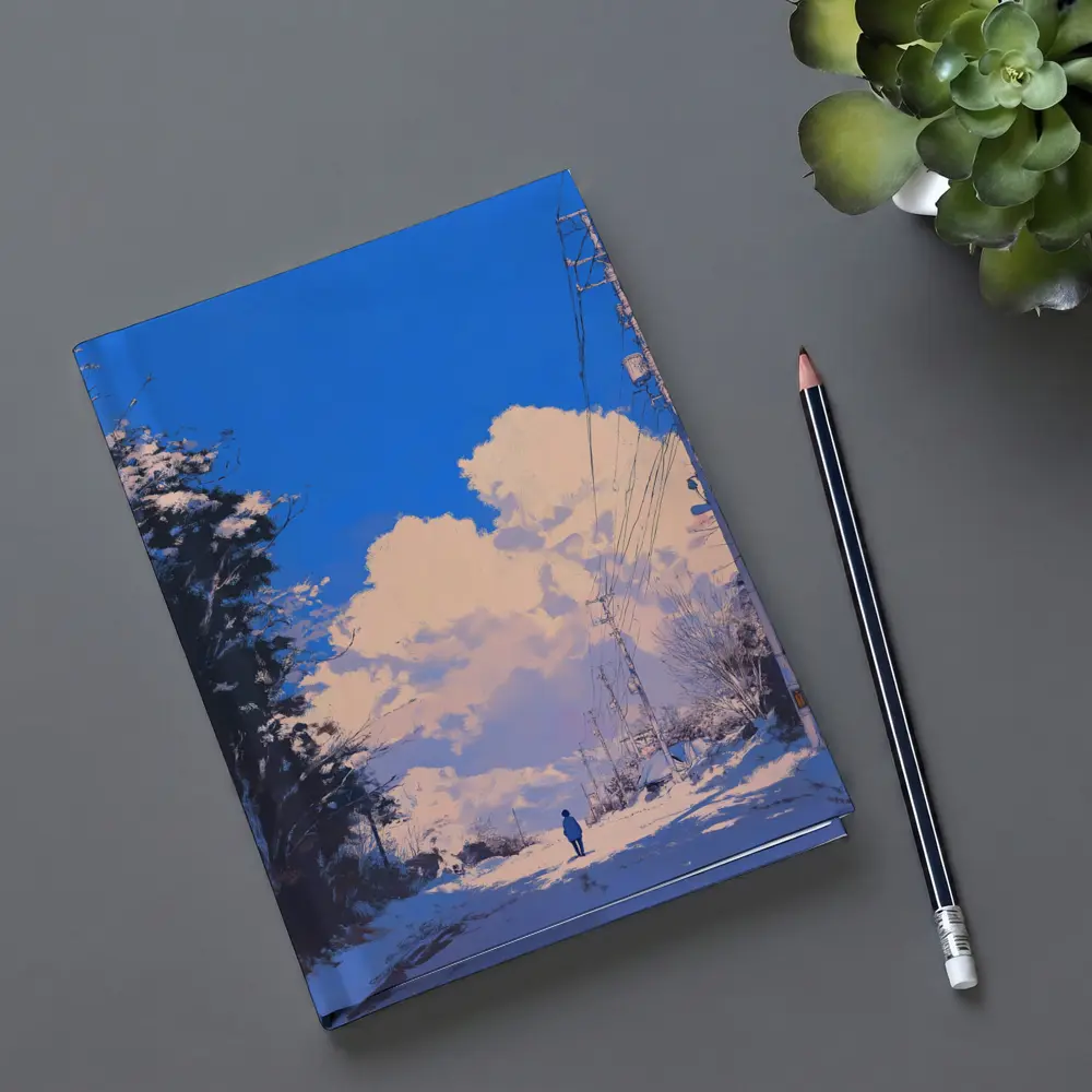 Anime Winter Road Lone Figure Blue Sky – Notebooks