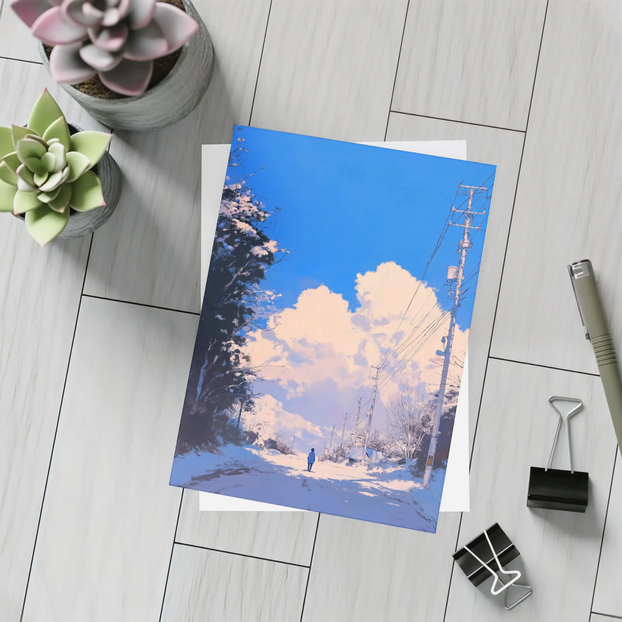 Anime Winter Road Lone Figure Blue Sky – Postcards