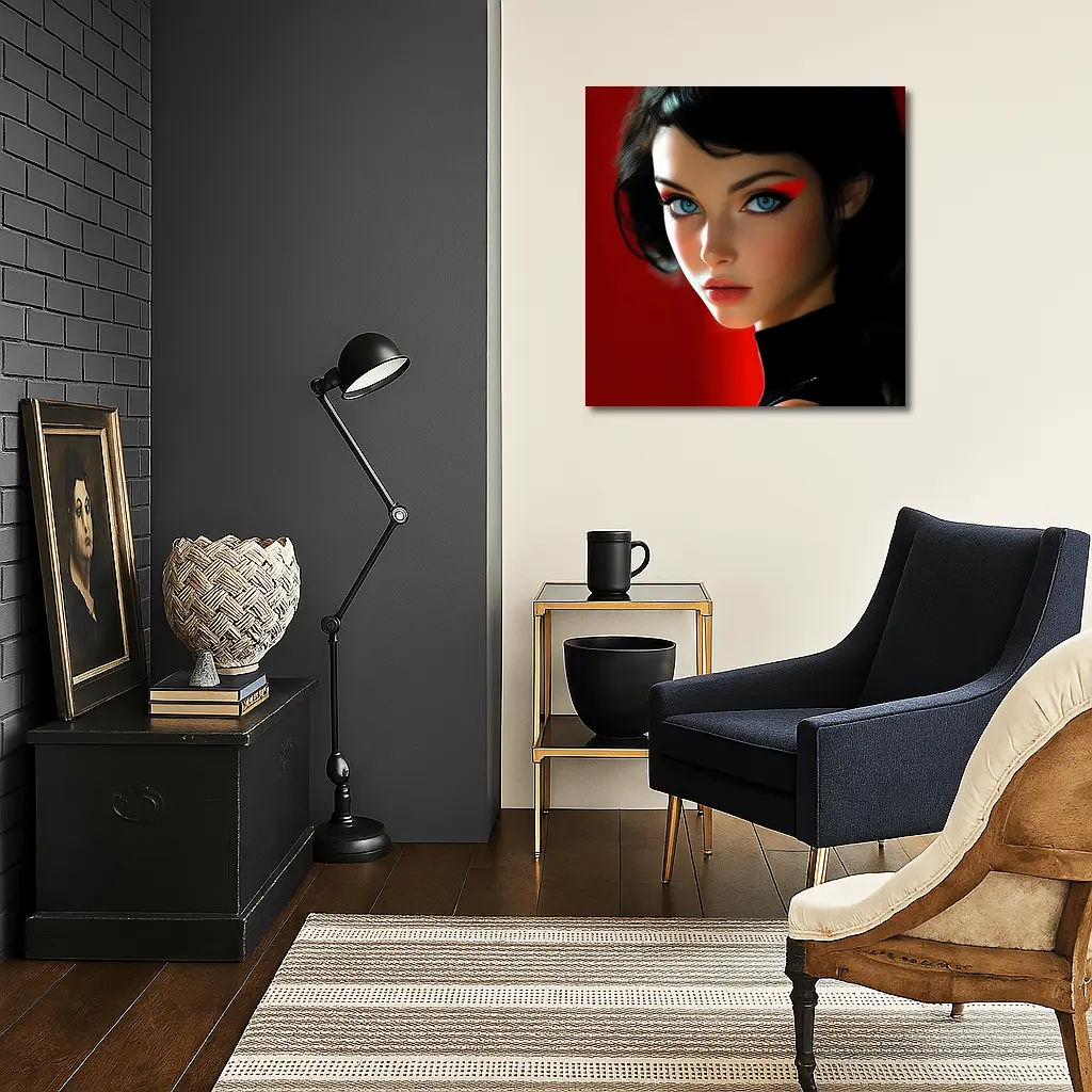 Blue Eyed Woman Red Background Digital Art – Wall Art
