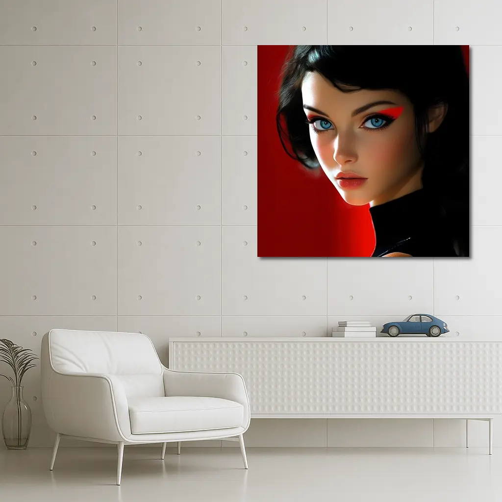 Blue Eyed Woman Red Background Digital Art – Wall Art