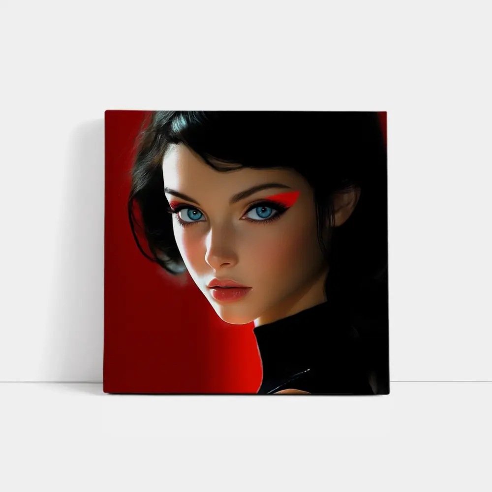 Blue Eyed Woman Red Background Digital Art – Wall Art