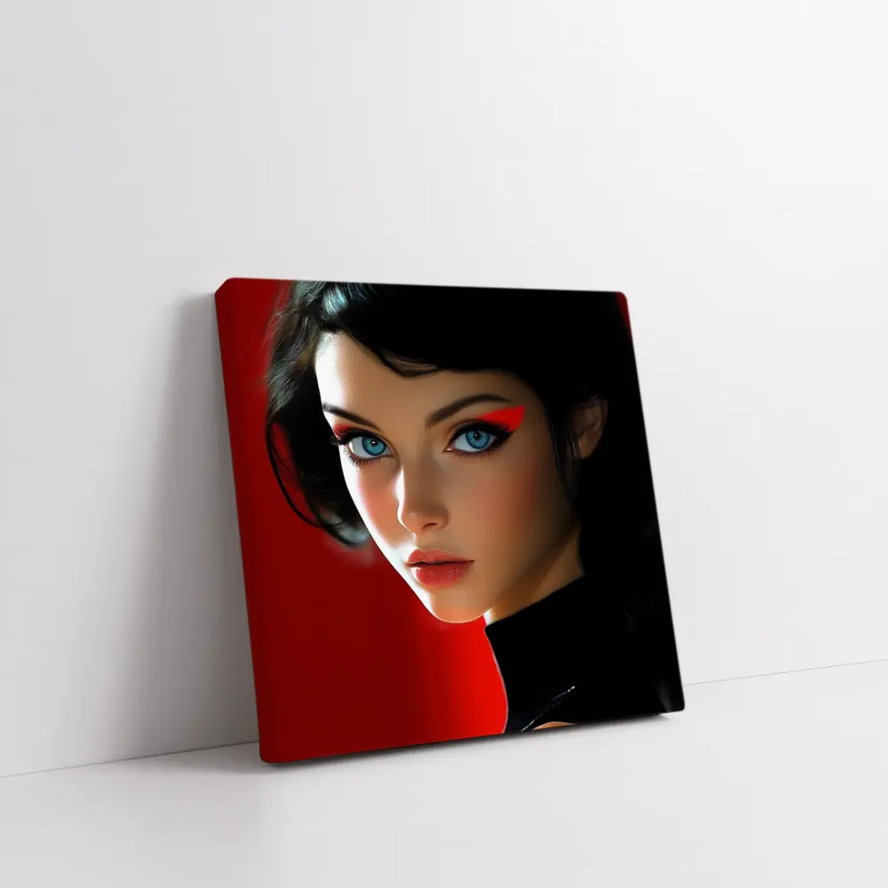 Blue Eyed Woman Red Background Digital Art – Wall Art