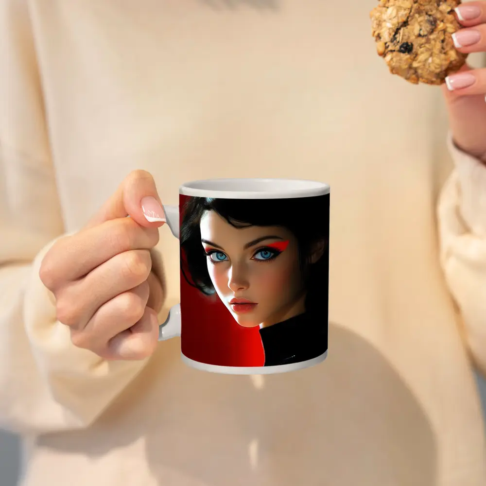 Blue Eyed Woman Red Background Digital Art – Mugs
