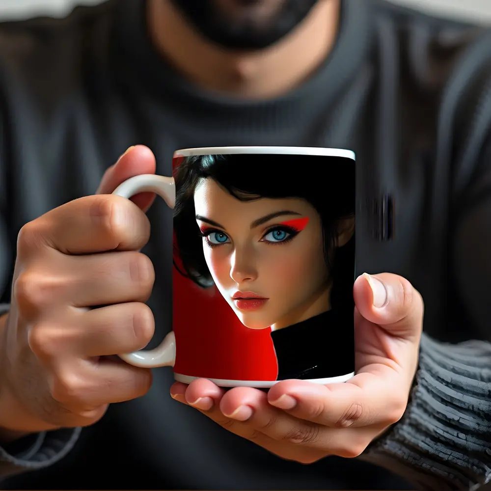 Blue Eyed Woman Red Background Digital Art – Mugs