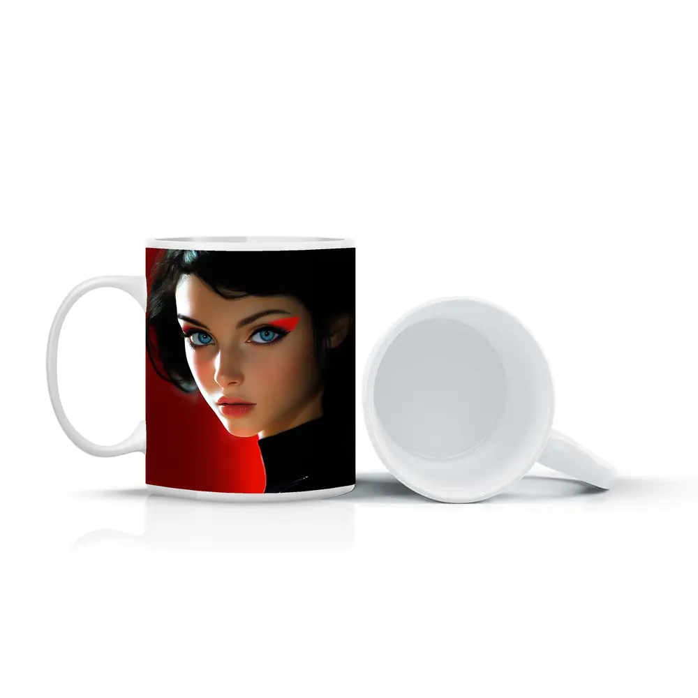 Blue Eyed Woman Red Background Digital Art – Mugs