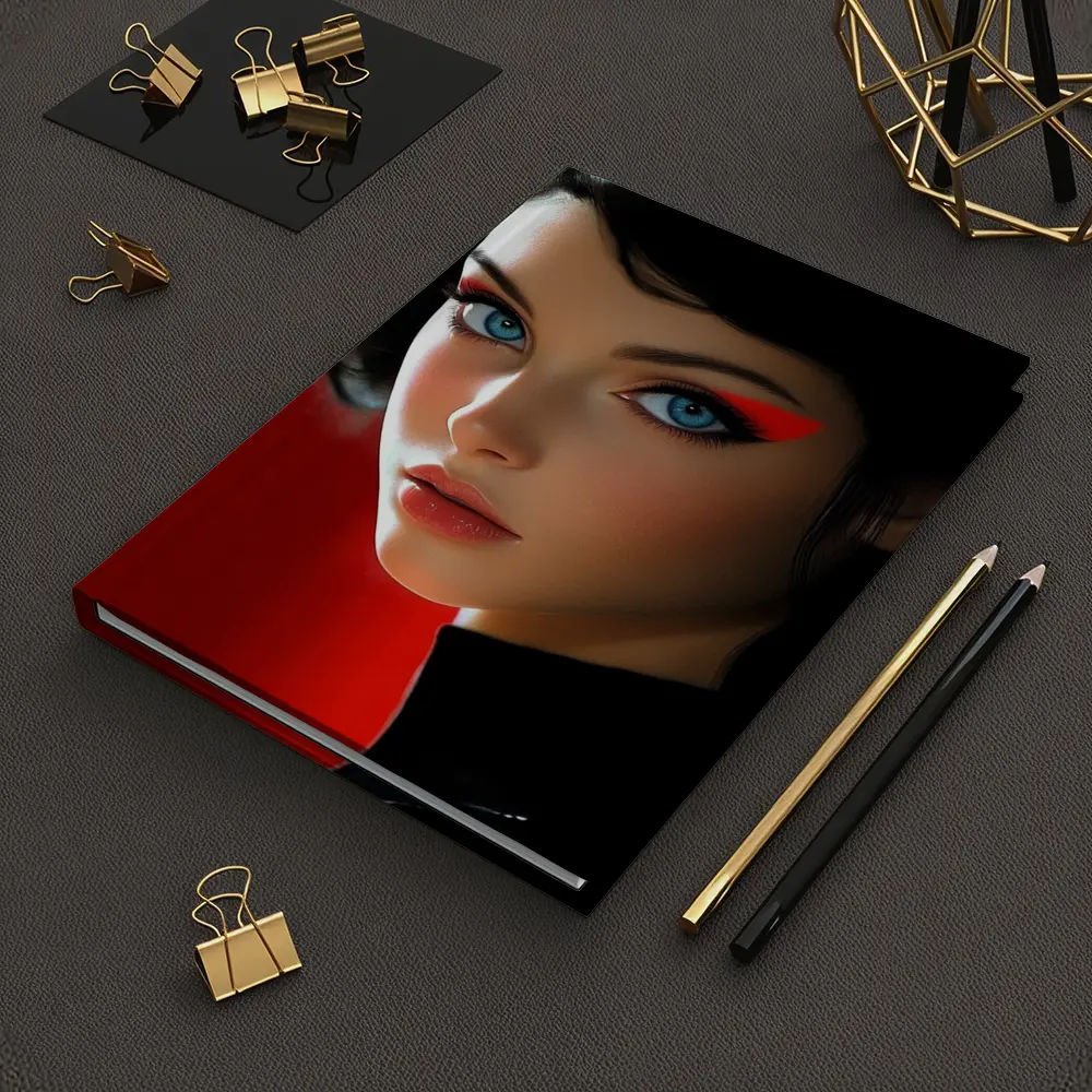 Blue Eyed Woman Red Background Digital Art – Notebooks