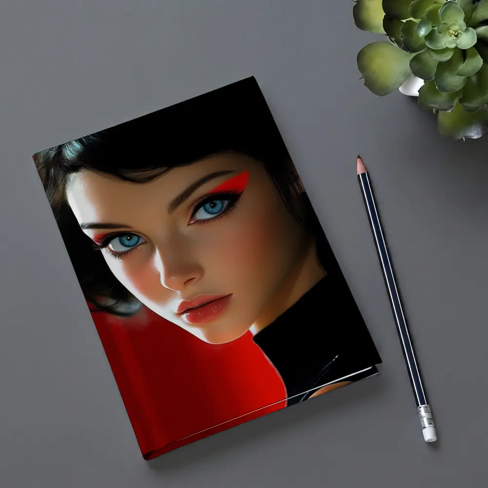 Blue Eyed Woman Red Background Digital Art – Notebooks