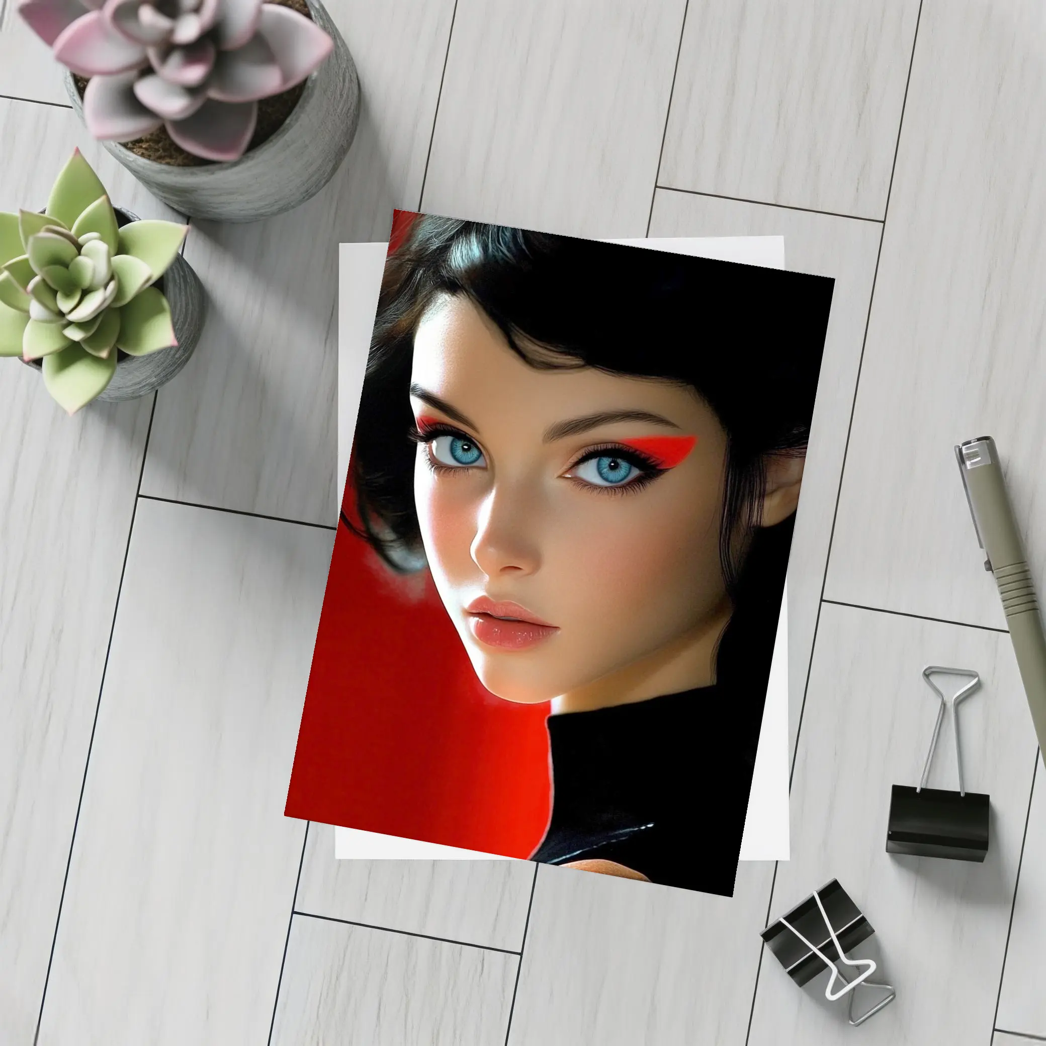 Blue Eyed Woman Red Background Digital Art – Postcards