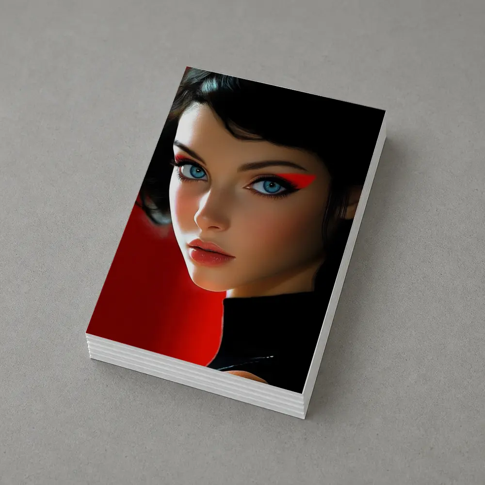 Blue Eyed Woman Red Background Digital Art – Postcards