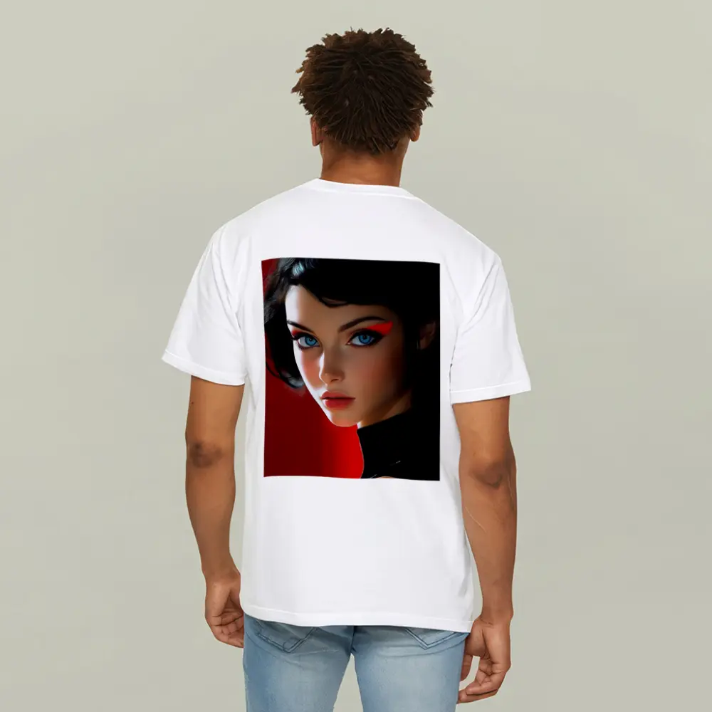 Blue Eyed Woman Red Background Digital Art – T-Shirts