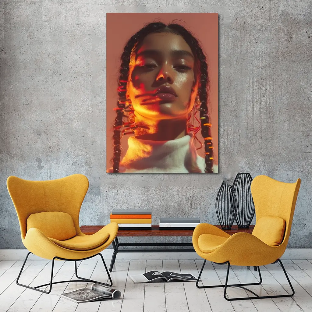 Young Woman Braids Warm Orange Glow Portrait – Wall Art