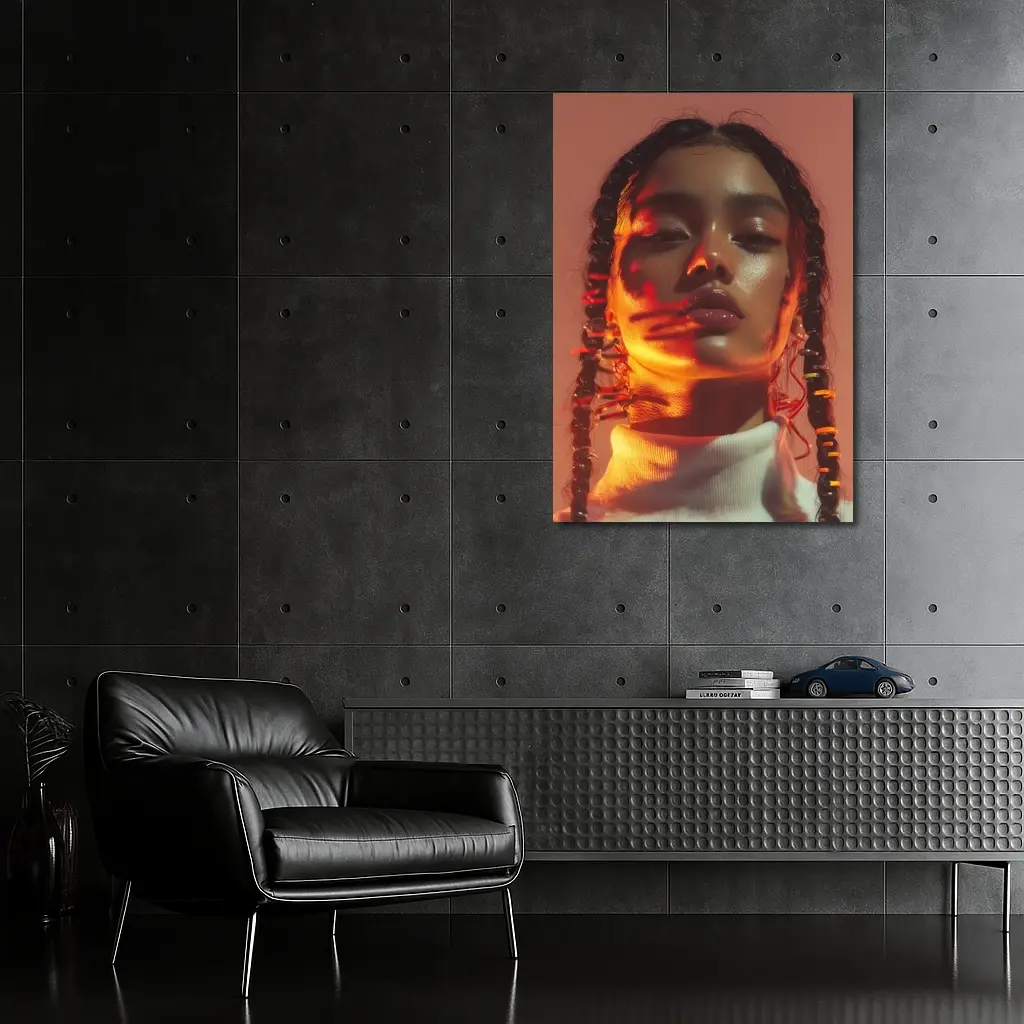 Young Woman Braids Warm Orange Glow Portrait – Wall Art