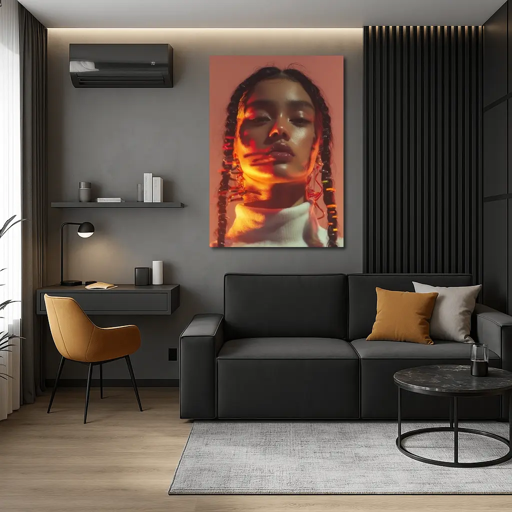 Young Woman Braids Warm Orange Glow Portrait – Wall Art